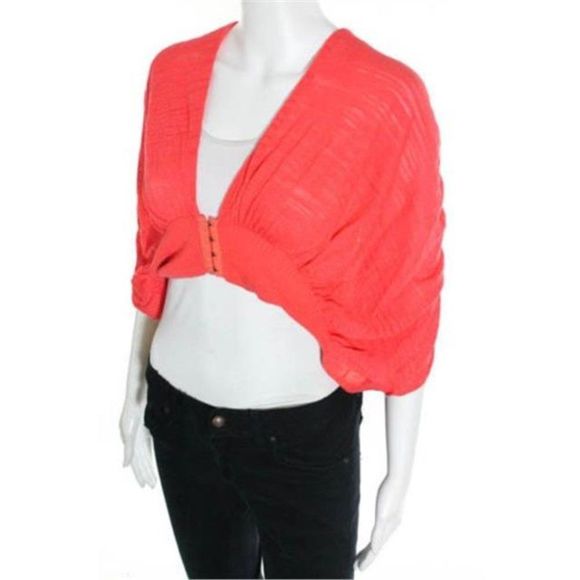 Free People Orange Coral Cotton Siler Sequined Trim VNeck Cropped Sweater Shrug - Picture 3 of 7